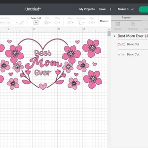 May include: A pink and white design with the text "Best Mom Ever" in a heart shape surrounded by pink flowers.