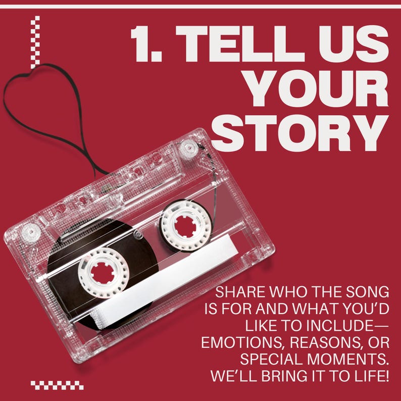 Peut inclure: Une cassette transparente avec une bande noire sur un fond rouge. Le texte dit "1. TELL US YOUR STORY" et "PARTAGEZ POUR QUI EST LA CHANSON ET CE QUE VOUS SOUHAITEZ INCLURE - &Eacute;MOTIONS, RAISONS OU MOMENTS SP&Eacute;CIAUX. NOUS LUI DONNERONS VIE !"