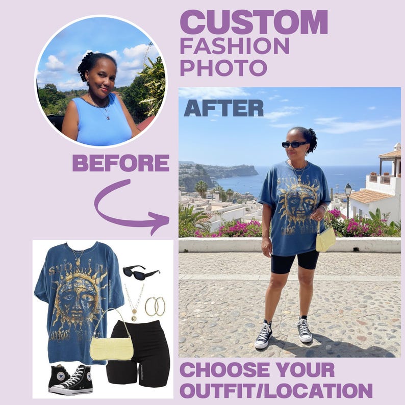 May include: The image presents a before-and-after concept for a custom fashion photo. The "before" image shows an outfit with a blue t-shirt with a sun graphic, black shorts, and sneakers. The "after" image shows a person wearing the outfit in an outdoor location. Text includes "CUSTOM FASHION PHOTO".