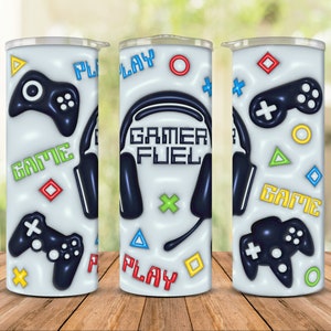 Gamer Fuel 3d Puffy Tumbler Wrap Png Sublimation Designs, Video Game Controller Inflated 20 oz Skinny Straight Tumbler Wrap PNG Download
