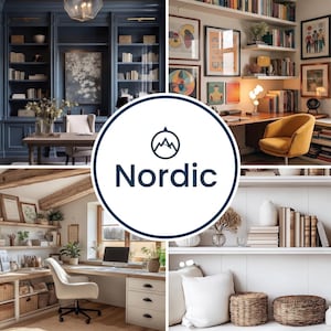 May include: A collage of four interior design scenes featuring home office and living spaces with bookshelves, desks, chairs, and decor, centred by a circular logo with a mountain icon and the text Nordic in dark blue lettering.