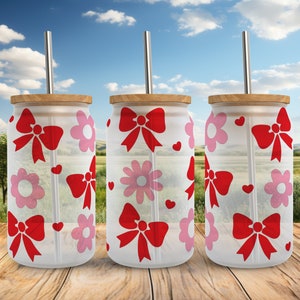 Coquette Bow Svg Libbey Glass Wrap Svg Png, Ribbon Trendy Boho Love Valentines Day 16 oz Libby Beer Can Full Wrap Cup svg files for Cricut