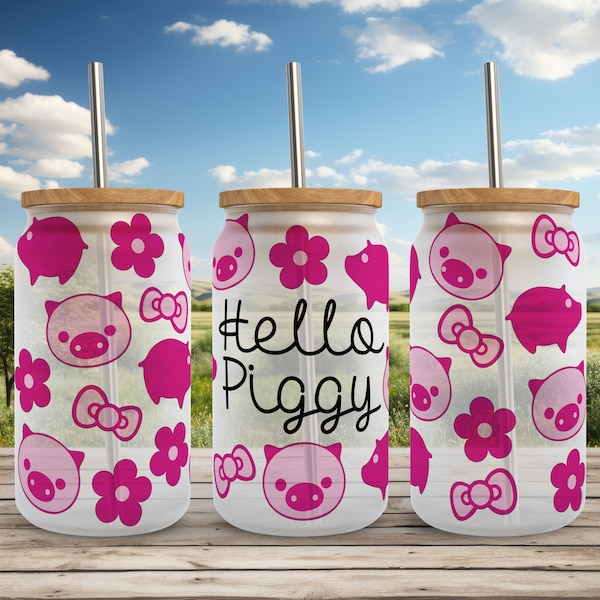 Funny Pig SVG Libbey glass Wrap Svg, Hello Piggy Daisy floral Boho Farm 16oz Libby beer Can Full Wrap cup svg files for Cricut, PNG Download