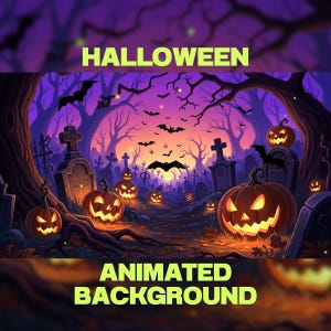 May include: An animated Halloween background featuring a spooky graveyard scene with glowing jack-o'-lanterns, bats, and tombstones under a purple sky. The word "HALLOWEEN" is displayed at the top, and "ANIMATED BACKGROUND" at the bottom.