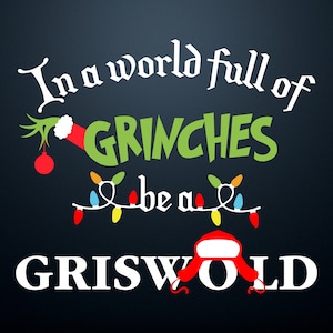 May include: A dark blue graphic with white text that reads "In a world full of GRINCHES be a GRISWOLD." The word "GRINCHES" is in green, and the word "GRISWOLD" is in white. The image includes Grinch-themed elements and Christmas lights.