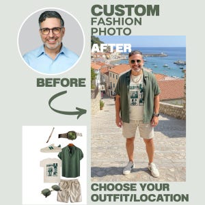May include: A fashion photo showing a man in a green shirt, beige shorts, and white trainers. The image includes a "Before" and "After" comparison, showcasing outfit options. Text on the image reads "Custom Fashion Photo" and "Choose Your Outfit/Location."