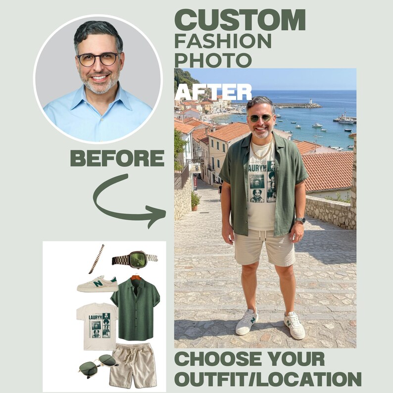 May include: A fashion photo showing a man in a green shirt, beige shorts, and white trainers. The image includes a "Before" and "After" comparison, showcasing outfit options. Text on the image reads "Custom Fashion Photo" and "Choose Your Outfit/Location."
