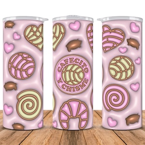 Cafecito Y Chisme Tumbler Wrap Png Sublimation Designs, 3d Puffy Inflated Pan Dulce Concha 20 oz Skinny Straight Tumbler Wrap PNG Download