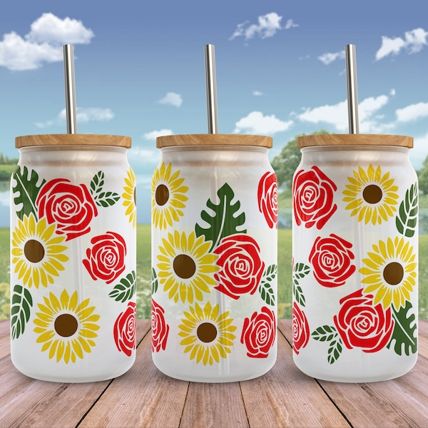 Rose Sunflower SVG Libbey Glass Wrap Svg, Boho Spring Summer Floral 16oz Libby Can Beer Full Wrap cup svg files for Cricut, Instant Download