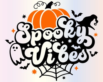 Archivos SVG de vibraciones espeluznantes para Cricut, divertidos SVG de Halloween retro de moda de otoño de brujas para camisetas, calcomanías PNG de sublimación, descarga instantánea