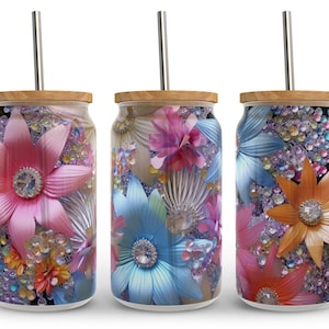3d Daisy Summer Libbey Glass Wrap Png Sublimation Designs, Colorful Crystal Floral 16oz Libby Beer Can Full Wrap Cup tumbler Png, Download