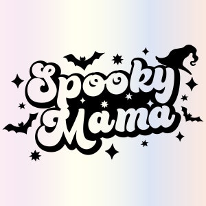 May include: Black and white illustration of the text "Spooky Mama" with bats and stars.