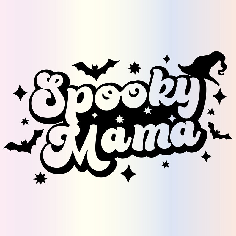 May include: Black and white illustration of the text "Spooky Mama" with bats and stars.