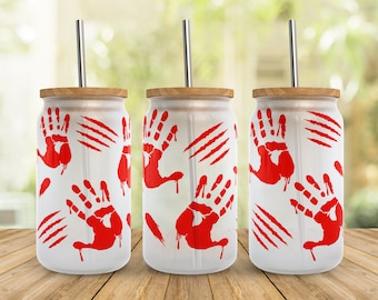 Wahre Kriminalität Libbey Glasverpackungen svg, Halloween Horror blutige Hände 16 oz Libby Bierdose Full Wrap Cup svg-Dateien für Cricut, PNG Download