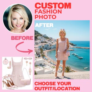 May include: A pink and white checked dress, purse, and heels are displayed. The image features the text "CUSTOM FASHION PHOTO" and "CHOOSE YOUR OUTFIT/LOCATION". A woman is shown in the "AFTER" photo wearing the dress.