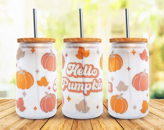 Hello Pumpkin Svg Libbey Glass Wrap Svg, Halloween Fall Thanksgiving 16 oz Libby Beer Can Full Wrap Cup svg files for Cricut, PNG Download
