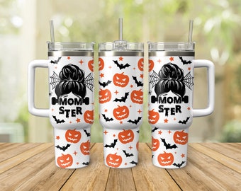 Momster SVG 40 oz Stanley Tumbler Wrap SVG, Mama Halloween SVG Messy Bun Herbst Kürbis 40oz Stanley Tumbler Cup Wrap SVG-Dateien für Cricut, PNG