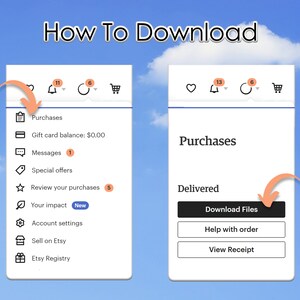 K&ouml;nnte beinhalten: Ein Screenshot eines Computerbildschirms, der zeigt, wie man gekaufte Artikel auf Etsy herunterl&auml;dt. Der Bildschirm zeigt ein Men&uuml; mit Optionen f&uuml;r Eink&auml;ufe, Nachrichten, Sonderangebote und mehr. Der Bildschirm zeigt auch einen Button zum Herunterladen von Dateien, einen Button, um Hilfe bei einer Bestellung zu erhalten, und einen Button, um eine Quittung anzuzeigen.
