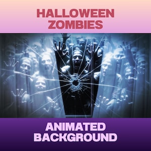 May include: An animated Halloween background featuring a group of zombies reaching out from behind a shattered window. The image has a purple and pink gradient background with the words "HALLOWEEN ZOMBIES" and "ANIMATED BACKGROUND".
