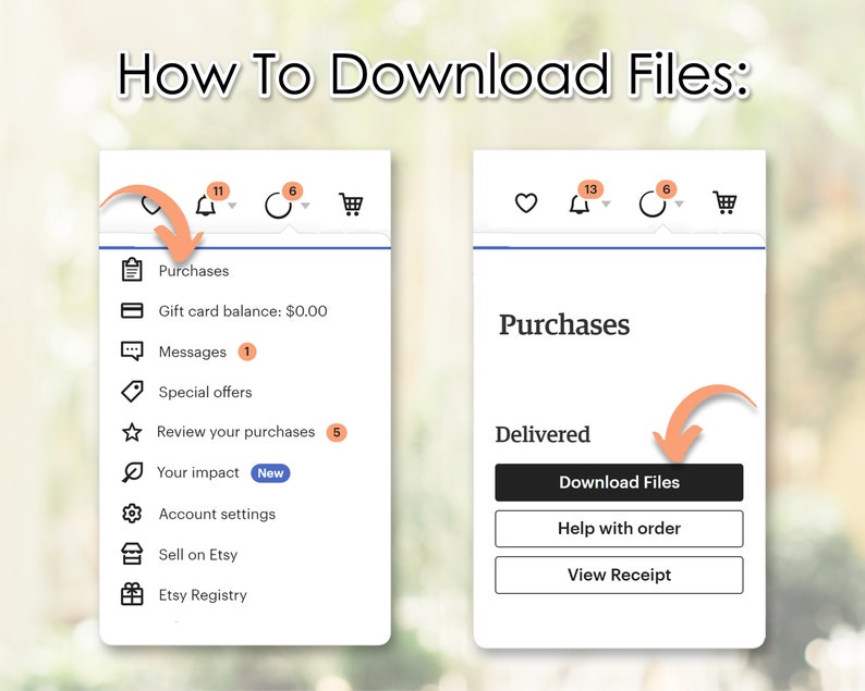 K&ouml;nnte beinhalten: Ein Screenshot eines Computerbildschirms, der zeigt, wie man Dateien auf Etsy herunterl&auml;dt. Der Bildschirm zeigt ein Men&uuml; mit Optionen f&uuml;r Eink&auml;ufe, Nachrichten, Sonderangebote und mehr. Der Bildschirm zeigt auch eine Schaltfl&auml;che zum Herunterladen von Dateien.