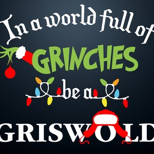 May include: A dark blue graphic with white text that reads "In a world full of GRINCHES be a GRISWOLD." The word "GRINCHES" is in green, and the word "GRISWOLD" is in white. The image includes a Grinch hand, Christmas lights, and a Griswold hat.