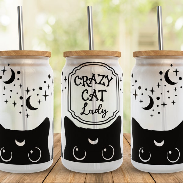 Crazy Cat Lady Svg Libbey Glass Wrap Svg, Halloween Witchy Black Cat Mom 16oz Libby Beer Can Jar Full Wrap cup svg files for Cricut Download