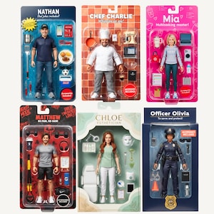 May include: Six action figures in individual blister packaging, including Nathan, Chef Charlie, Mia, Matthew, Chloe the Esthetician, and Officer Olivia. Each figure comes with various themed accessories like tools, kitchenware, gym gear, and professional equipment.