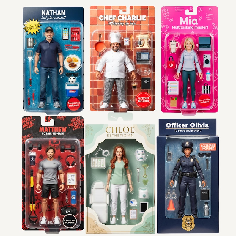 May include: Six action figures in individual blister packaging, including Nathan, Chef Charlie, Mia, Matthew, Chloe the Esthetician, and Officer Olivia. Each figure comes with various themed accessories like tools, kitchenware, gym gear, and professional equipment.