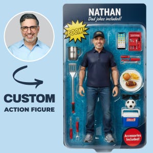 May include: A custom action figure in packaging labeled NATHAN Dad jokes included. The figure wears a navy polo, blue jeans, and a cap. Accessories include a metal mug, spatula, tools, a smartphone, a plate of food, sunglasses, a soccer ball, and a cooler.