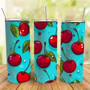 Cherry Tumbler Wrap Png Sublimation Designs, Retro Cherry Fruit 20 oz Skinny Straight & Tapered Tumbler Wrap PNG, Instant Digital Download