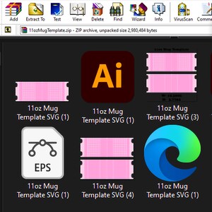 Peut inclure: Un &eacute;cran d'ordinateur affichant un dossier avec le texte "11ozMugTemplate.zip - Archive ZIP, taille d&eacute;compress&eacute;e 2&nbsp;980&nbsp;484&nbsp;octets". Le dossier contient plusieurs fichiers, dont un mod&egrave;le de tasse de 11&nbsp;oz rose, un fichier intitul&eacute; "EPS" et un fichier intitul&eacute; "Ai".