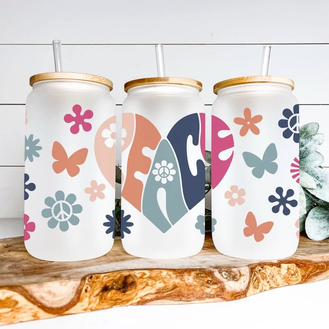 Groovy Peace SVG Libbey Glass Wrap Svg, Boho Flower Power Butterfly ...