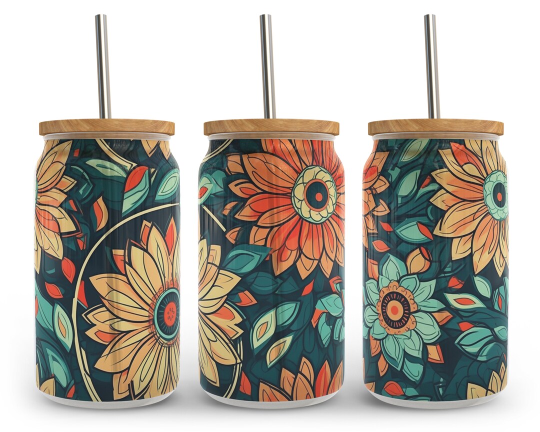 Boho Floral Libbey Glass Wrap Png Sublimation Designs, Retro Vintage ...