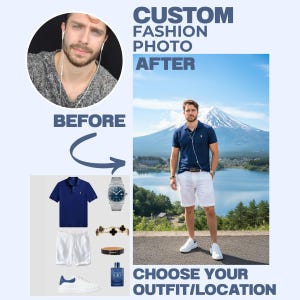 May include: A fashion concept image showing a man in a navy polo shirt, white shorts, and white trainers. The image includes a "before" and "after" comparison, showcasing outfit options and the text "Choose Your Outfit/Location."