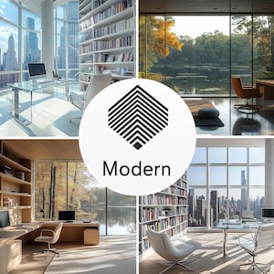 Op de afbeelding: Vier afbeeldingen van moderne thuiskantoren met grote ramen, glazen bureaus en boekenkasten. Het woord "Modern" staat in het midden van de afbeelding.