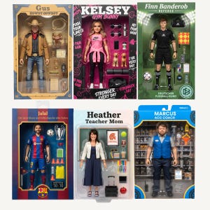 May include: Six boxed action figures featuring Gus the cowboy, Kelsey the gym enthusiast, Finn the soccer referee, Jalal the soccer player, Heather the teacher, and Marcus the coach, each accompanied by various miniature accessories and themed packaging.