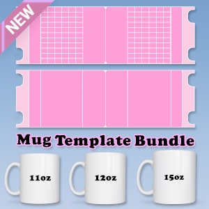 Peut inclure: Un ensemble de trois tasses en c&eacute;ramique blanche avec du texte noir indiquant leur taille&nbsp;: 11&nbsp;oz, 12&nbsp;oz et 15&nbsp;oz. Les tasses sont dispos&eacute;es en rang&eacute;e sur un fond bleu clair. L&rsquo;image comprend &eacute;galement deux mod&egrave;les de tasses imprimables roses et blancs.