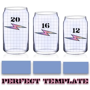 May include: Three clear glass can-shaped glasses with black numbers 20, 16, and 12, and a rainbow lightning bolt graphic. Each glass has a grid pattern. Below the glasses are three light blue rectangles. The text "PERFECT TEMPLATE" is at the bottom.