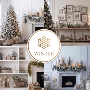 May include: A collage of winter-themed home decor featuring a flocked Christmas tree with white ornaments, a fireplace mantel adorned with greenery and candles, a gallery wall with framed prints, and shelves displaying miniature trees and a wooden sleigh.