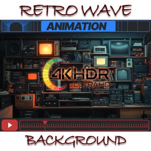 Könnte beinhalten: Ein Retro-Animationshintergrund mit einer Wand voller Vintage-Fernseher, Radios und anderer Elektronik. Der Text "4K HDR ULTRA HD" ist in der Mitte des Bildes sichtbar.