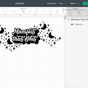 K&ouml;nnte beinhalten: Schwarzwei&szlig;es Design mit dem Text "Manifest that Shit" in einer wolkenartigen Form mit Sternen und Mondsicheln drumherum.