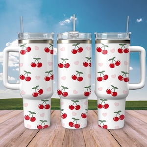 Cherries Heart Svg 40 oz Stanley Tumbler Wrap Svg, Summer Valentine Cherry Fruit 40oz Stanley Tumbler Cup Wrap Svg files for Cricut Download
