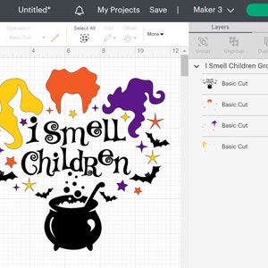 May include: A black cauldron with a yellow, orange, and purple witch silhouette and the text "I Smell Children" surrounded by bats and stars.