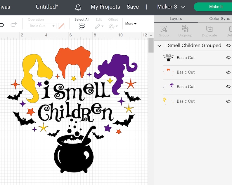 May include: A black cauldron with a yellow, orange, and purple witch silhouette and the text "I Smell Children" surrounded by bats and stars.