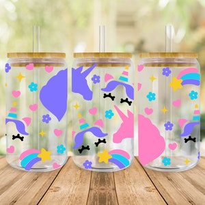 Rainbow Unicorn SVG Libbey glass Wrap Svg, Groovy Summer Birthday 16 oz Libby beer Can Glass Full Wrap cup svg files for Cricut PNG Download