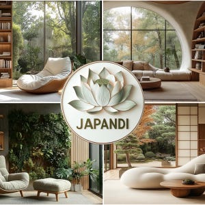 May include: A collage of four images showcasing the Japandí interior design style. The images feature a white lounge chair, a white sofa, a white lounge chair with a green plant, and a white lounge chair with a green plant and a wooden table. The images are all set against a backdrop of lush greenery and natural light. The word "Japandí" is displayed in a circle with a lotus flower design.