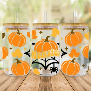 Momster Pumpkin SVG Libbey Glass Wrap Svg, Fall Pumpkin Spice Mom Halloween 16oz Libby Can Beer Full Wrap cup svg files for Cricut Download