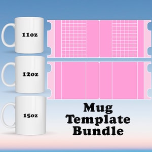 Peut inclure: Trois tasses en c&eacute;ramique blanche avec du texte noir indiquant les tailles&nbsp;: 11&nbsp;oz, 12&nbsp;oz et 15&nbsp;oz. Les tasses sont dispos&eacute;es verticalement, la plus grande en bas. L&rsquo;arri&egrave;re-plan est un d&eacute;grad&eacute; de bleu et de rose. Le texte &laquo;&nbsp;Mug Template Bundle&nbsp;&raquo; est en lettres noires sur fond blanc.