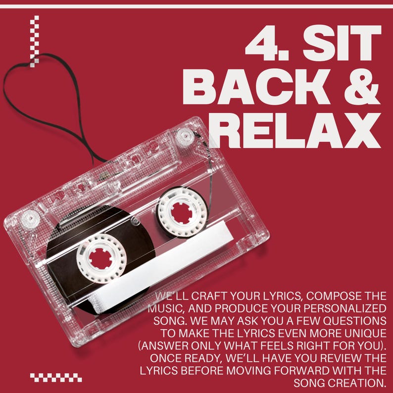 Peut inclure: Une cassette transparente avec des d&eacute;tails noirs et blancs sur un fond rouge. Le texte "4. SIT BACK & RELAX" est affich&eacute; en grandes lettres blanches. En dessous, un texte plus petit d&eacute;crit le processus de cr&eacute;ation de la chanson.