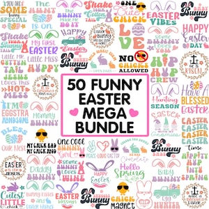 Op de afbeelding: Een roze en witte afbeelding met de tekst "50 Funny Easter Mega Bundle" en een verzameling van 50 paasontwerpen in verschillende kleuren, waaronder roze, groen, geel, blauw en paars. De ontwerpen bevatten konijnen, eieren, kuikens en andere paassymbolen.